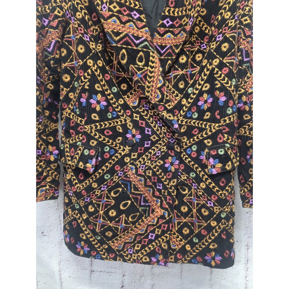 Farm Rio S Double Breasted Embroidered Cotton Corduroy Blazer Colorful Boho Long - Picture 3 of 11